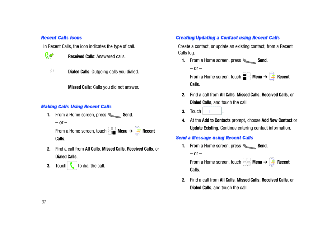 Samsung GH68-26940A Recent Calls Icons, Making Calls Using Recent Calls, Creating/Updating a Contact using Recent Calls 