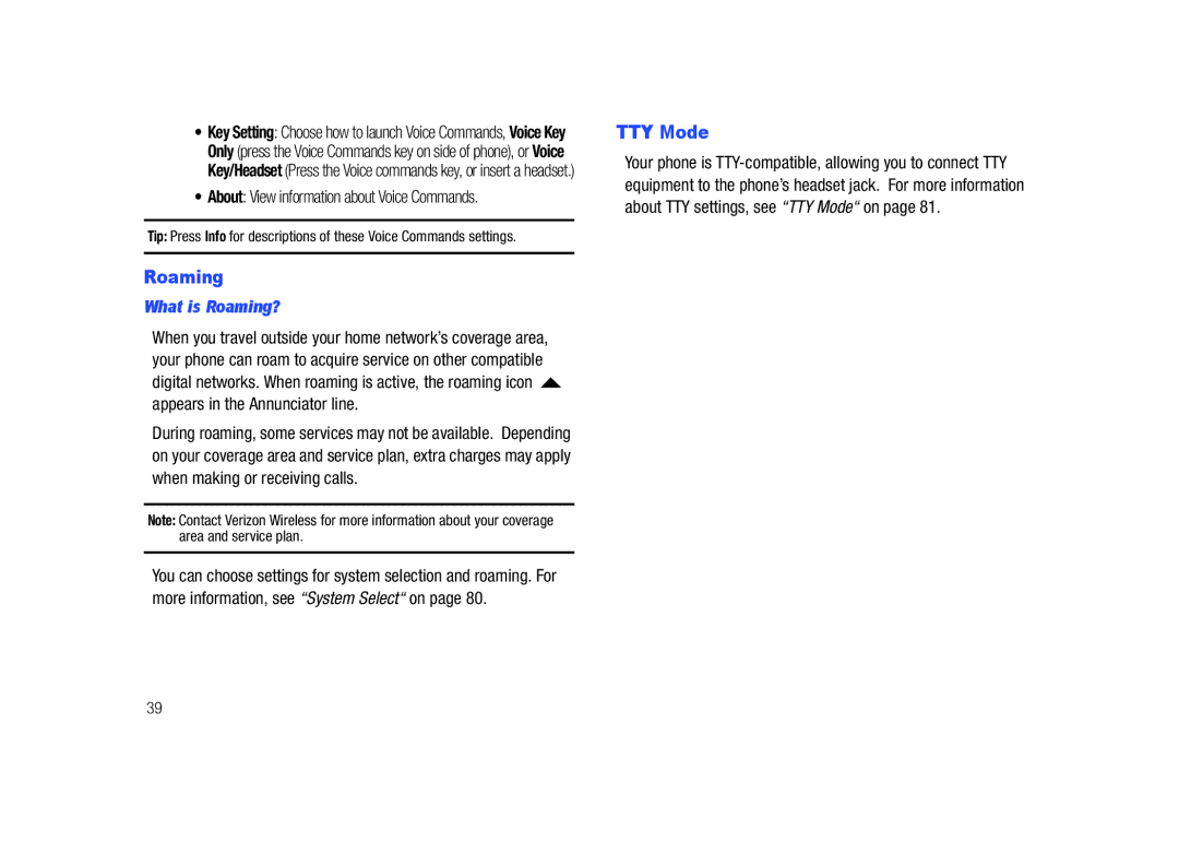 Samsung GH68-26940A user manual TTY Mode, About View information about Voice Commands, What is Roaming? 