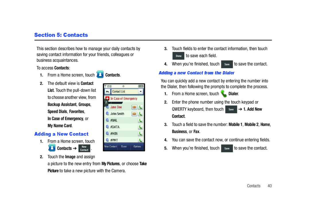 Samsung GH68-26940A user manual Adding a New Contact, Contacts Contact, Adding a new Contact from the Dialer 