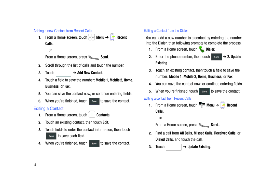 Samsung GH68-26940A user manual Editing a Contact, Adding a new Contact from Recent Calls, Existing, Menu Recent Calls 