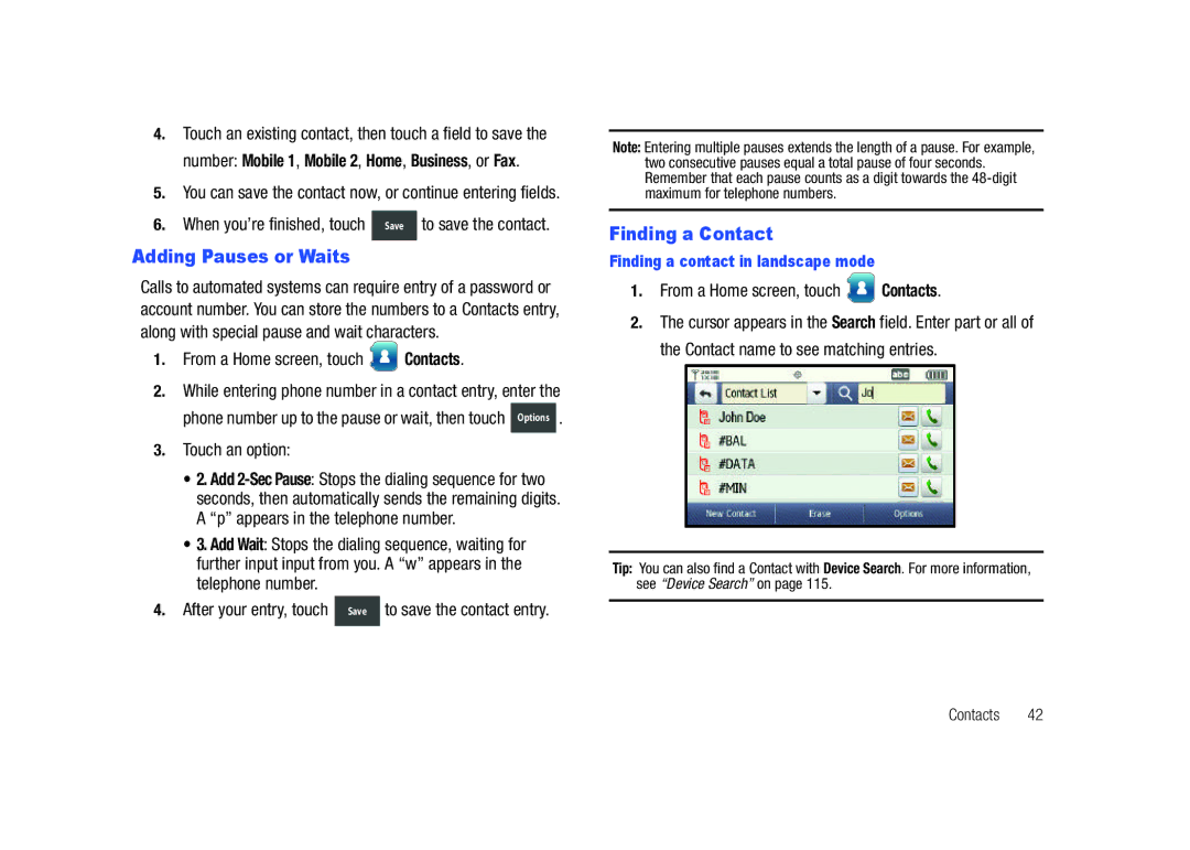 Samsung GH68-26940A Adding Pauses or Waits, Finding a Contact, After your entry, touch Save to save the contact entry 