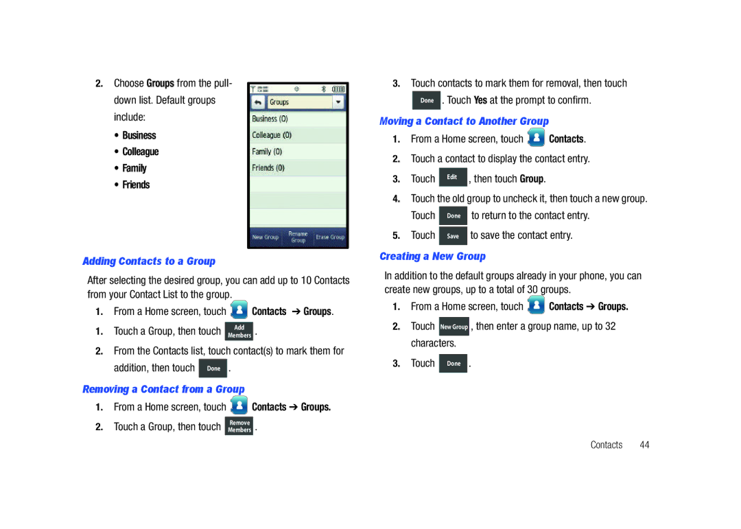 Samsung GH68-26940A Business Colleague Family Friends, Adding Contacts to a Group, Removing a Contact from a Group 