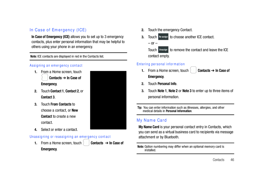 Samsung GH68-26940A Case of Emergency ICE, My Name Card, Contacts In Case of Emergency, Select or enter a contact 