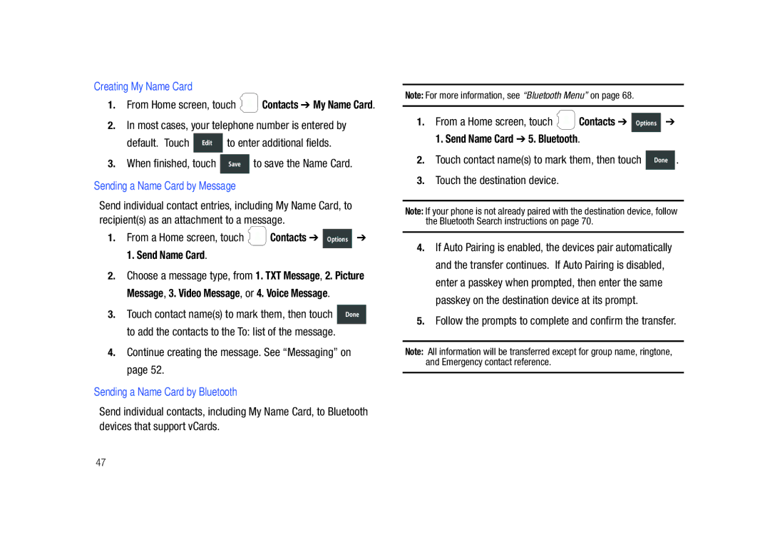 Samsung GH68-26940A user manual Creating My Name Card, Sending a Name Card by Message, Send Name Card 