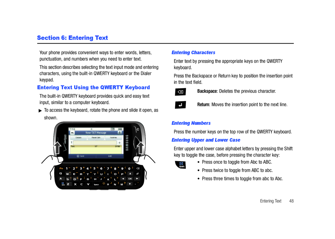 Samsung GH68-26940A user manual Entering Text Using the Qwerty Keyboard, Entering Characters, Entering Numbers 