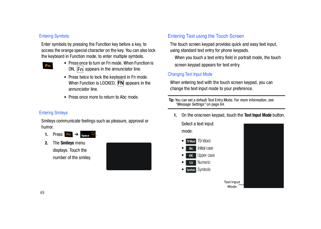 Samsung GH68-26940A Entering Text using the Touch Screen, Entering Symbols, Entering Smileys, Changing Text Input Mode 