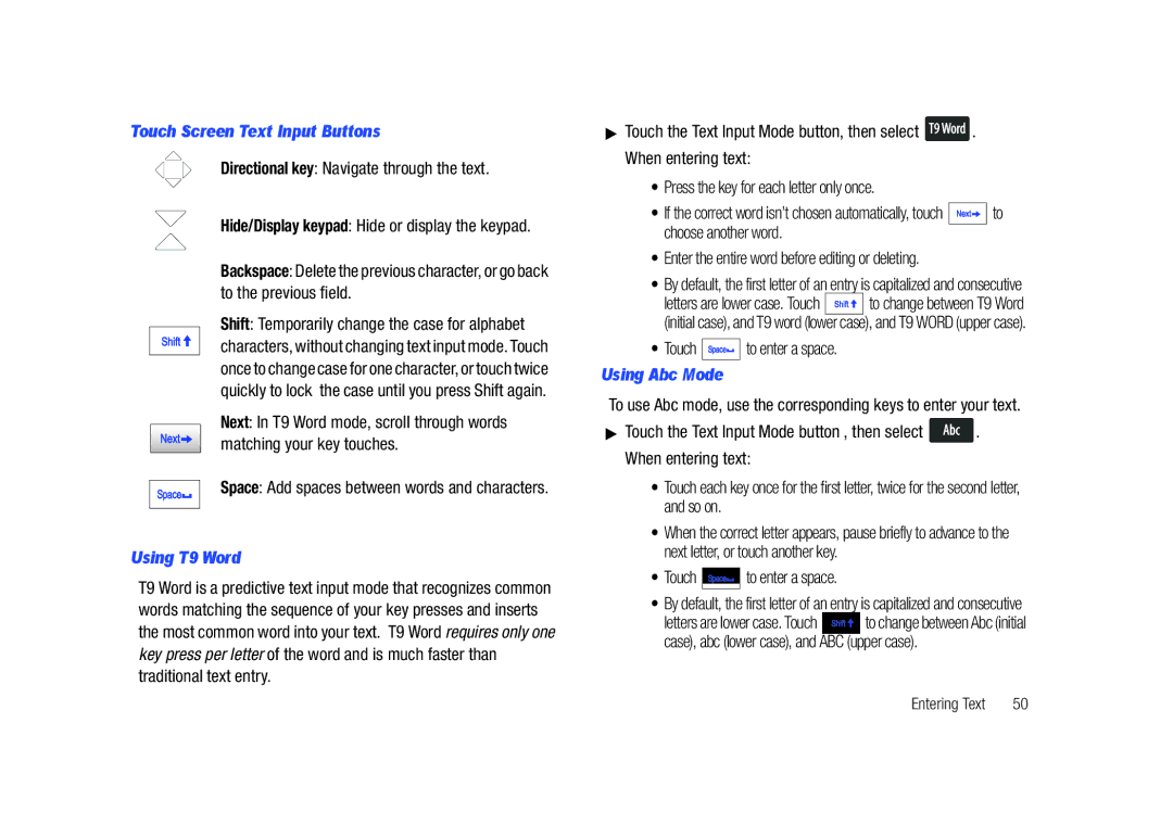 Samsung GH68-26940A user manual Touch Screen Text Input Buttons, Using T9 Word, Using Abc Mode 