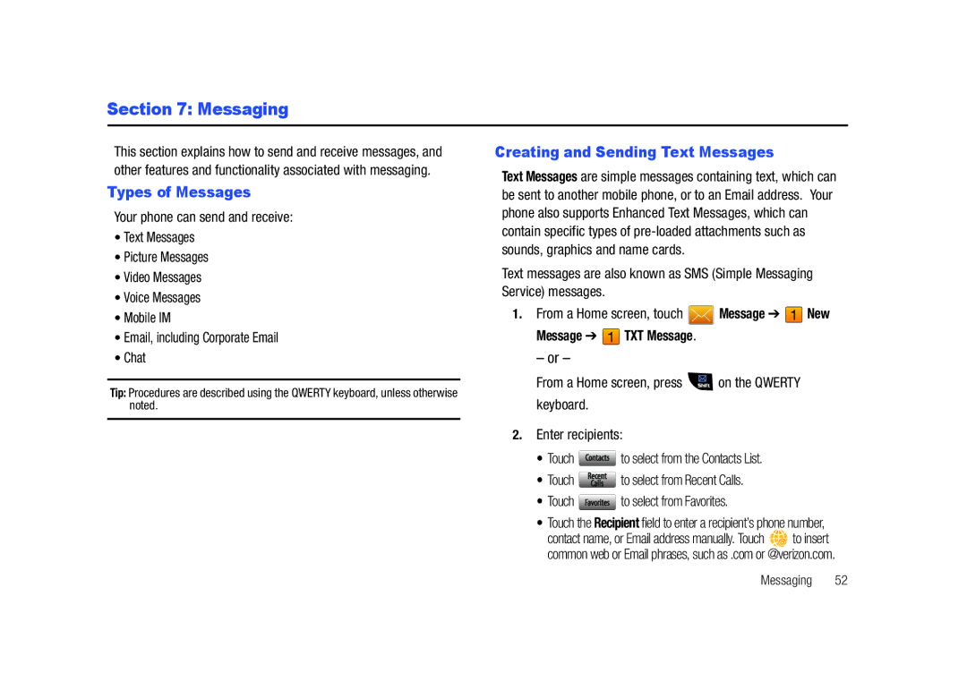 Samsung GH68-26940A user manual Messaging, Types of Messages, Creating and Sending Text Messages, Message TXT Message 