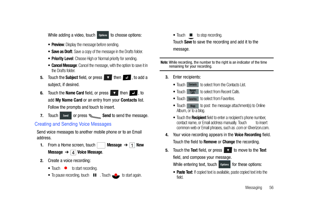 Samsung GH68-26940A user manual Creating and Sending Voice Messages, Message Voice Message, Create a voice recording Touch 