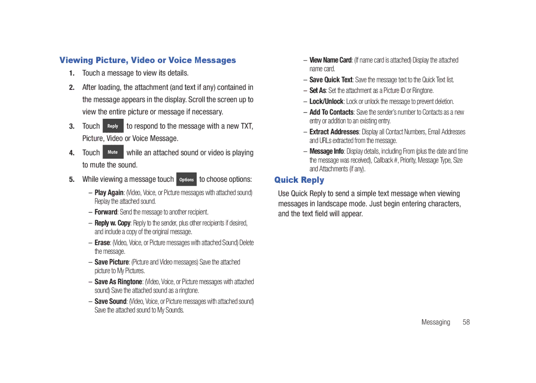 Samsung GH68-26940A user manual Viewing Picture, Video or Voice Messages, Quick Reply, Touch a message to view its details 