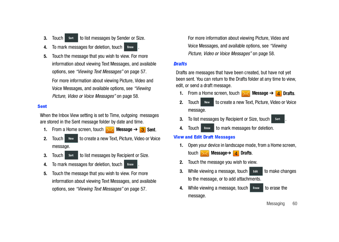 Samsung GH68-26940A user manual Voice Messages, and available options, see Viewing, Drafts, To mark messages for deletion 