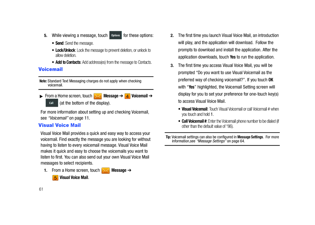 Samsung GH68-26940A user manual Visual Voice Mail, While viewing a message, touch Options for these options 