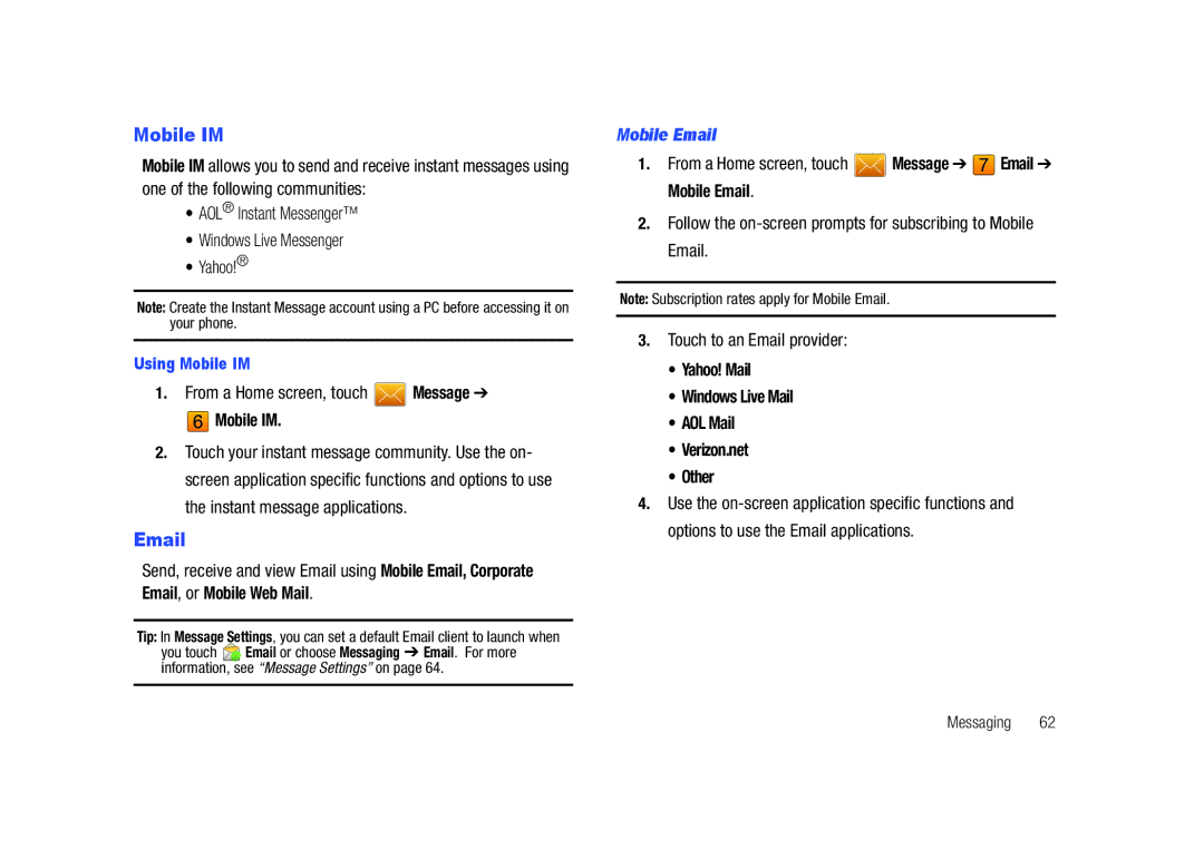 Samsung GH68-26940A user manual Mobile IM, From a Home screen, touch Message Email Mobile Email 