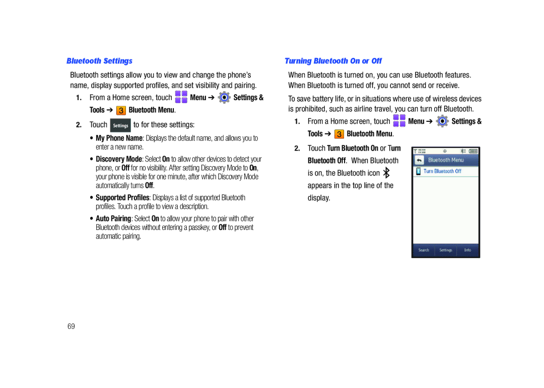 Samsung GH68-26940A user manual Bluetooth Settings, Tools Bluetooth Menu, Turning Bluetooth On or Off 