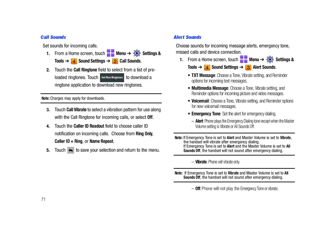 Samsung GH68-26940A user manual Tools Sound Settings Call Sounds, Tools Sound Settings Alert Sounds 