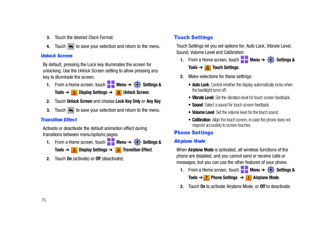 Samsung GH68-26940A user manual Touch Settings, Phone Settings, Unlock Screen, Transition Effect, Airplane Mode 