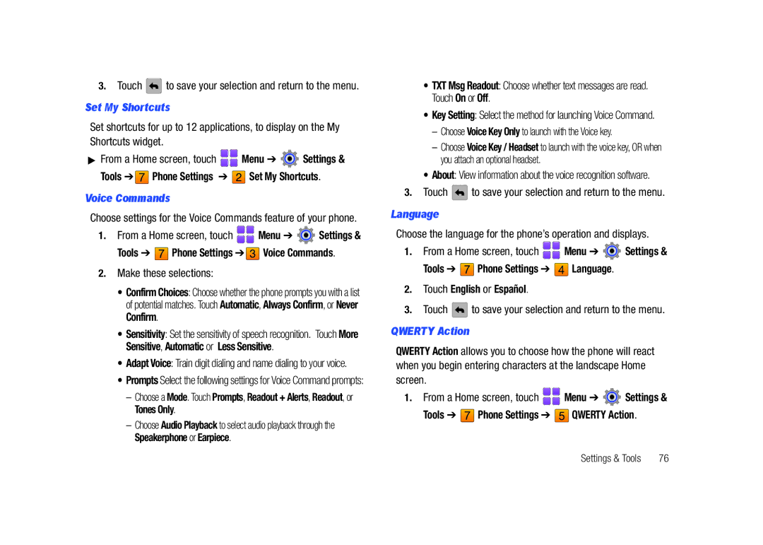 Samsung GH68-26940A user manual Set My Shortcuts, Tools Phone Settings Language Touch English or Español, Qwerty Action 