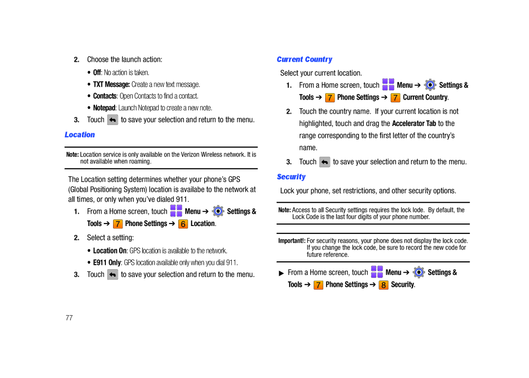 Samsung GH68-26940A user manual Tools Phone Settings Location, Tools Phone Settings Current Country, Security 