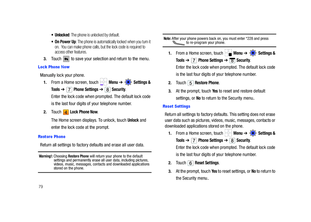 Samsung GH68-26940A user manual Touch Lock Phone Now, Touch Restore Phone, Touch Reset Settings 