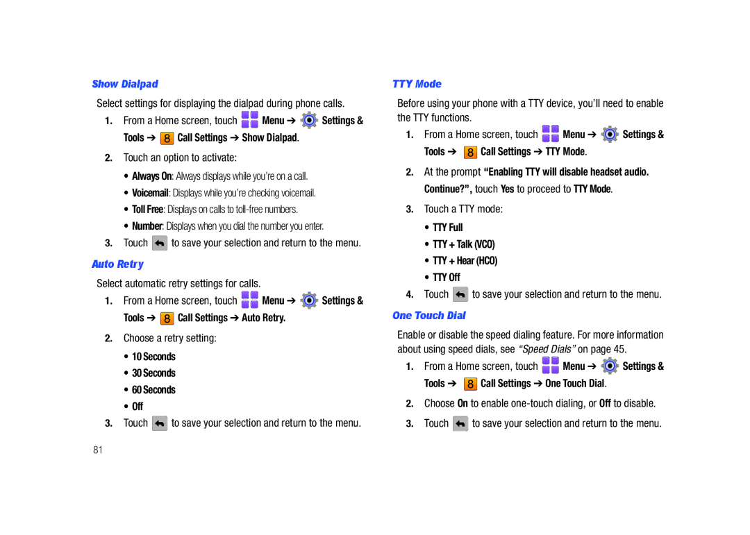 Samsung GH68-26940A user manual Show Dialpad, Auto Retry, TTY Mode, One Touch Dial 