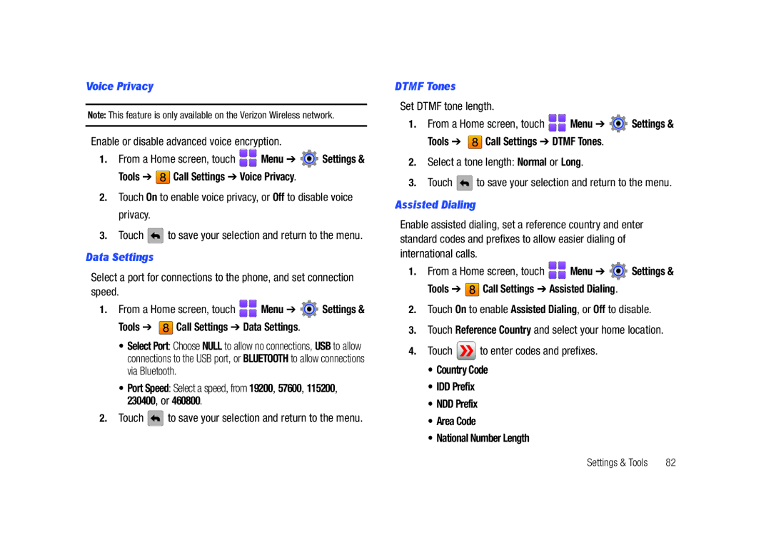 Samsung GH68-26940A user manual Voice Privacy, Data Settings, Dtmf Tones, Assisted Dialing 