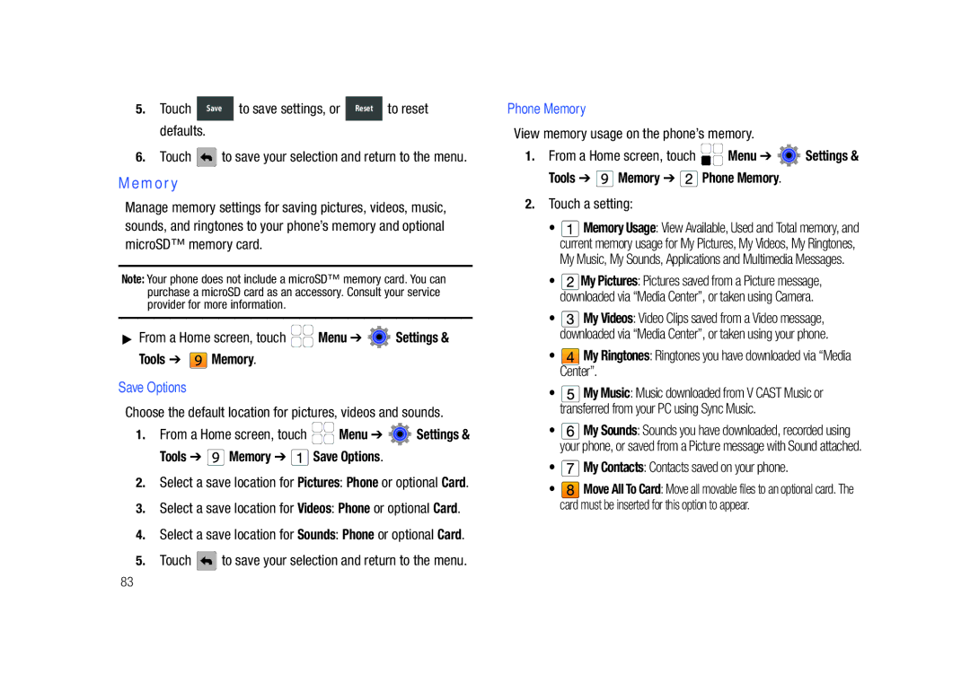 Samsung GH68-26940A user manual Tools Memory Save Options, Tools Memory Phone Memory 