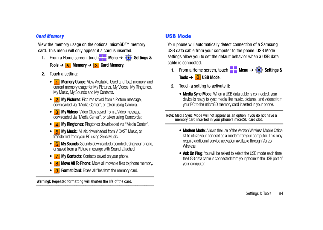 Samsung GH68-26940A user manual Tools Memory Card Memory, Tools USB Mode, Touch a setting to activate it 