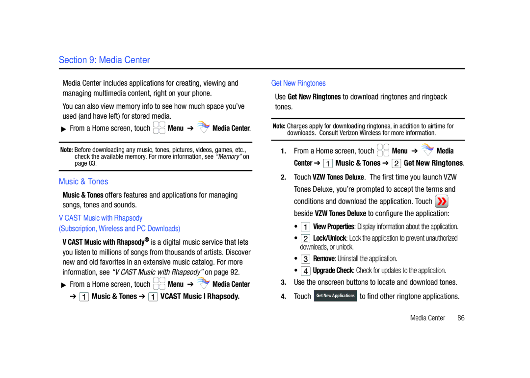 Samsung GH68-26940A Media Center, Music & Tones, Get New Ringtones, Touch VZW Tones Deluxe. The first time you launch VZW 