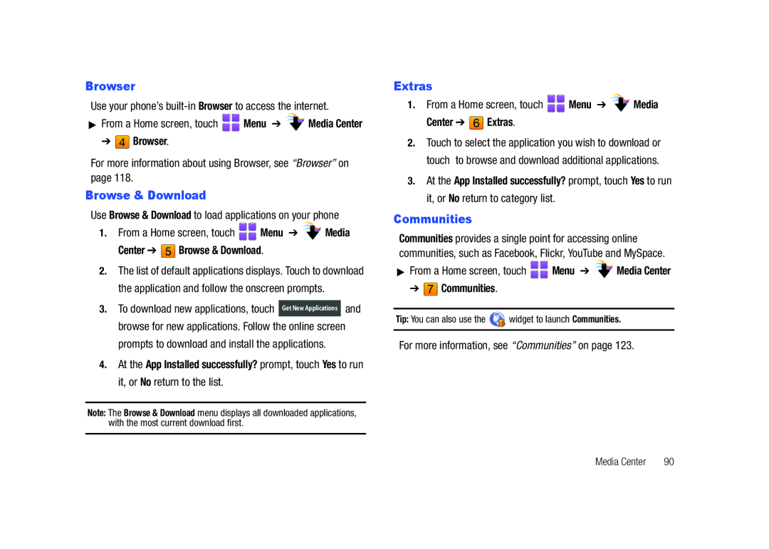 Samsung GH68-26940A user manual Browser, Browse & Download, Extras, Communities 