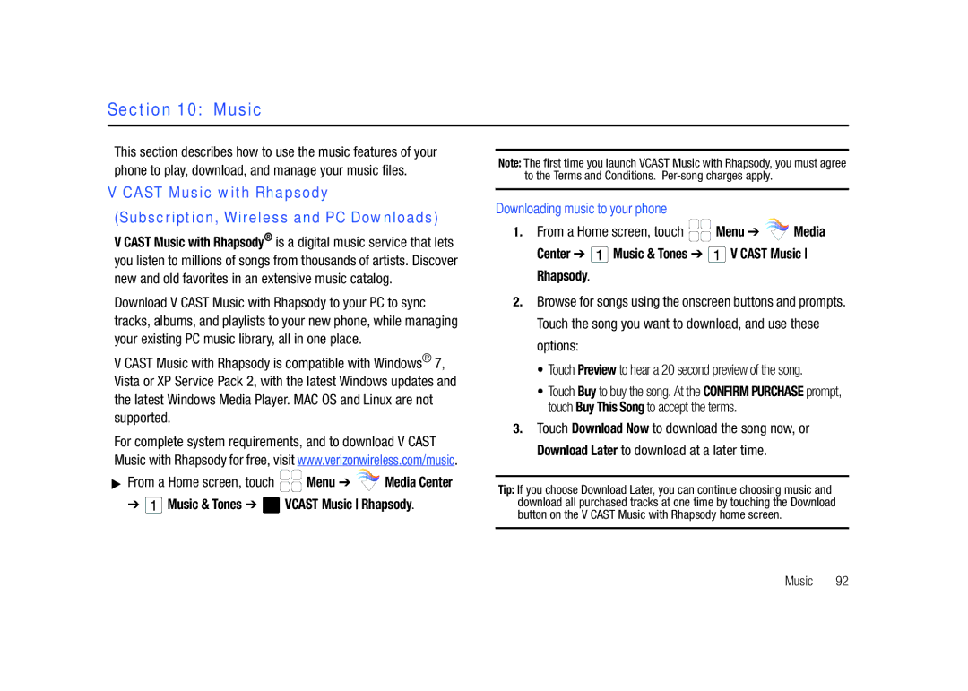 Samsung GH68-26940A user manual Downloading music to your phone, Center Music & Tones V Cast Music Rhapsody 