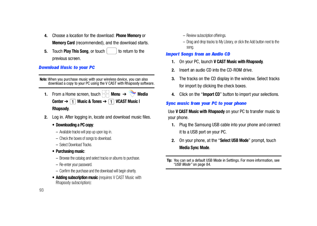 Samsung GH68-26940A Download Music to your PC, Import Songs from an Audio CD, Sync music from your PC to your phone 