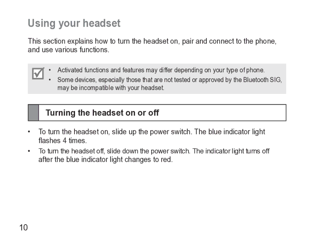 Samsung GH68-27873A manual Using your headset, Turning the headset on or off 