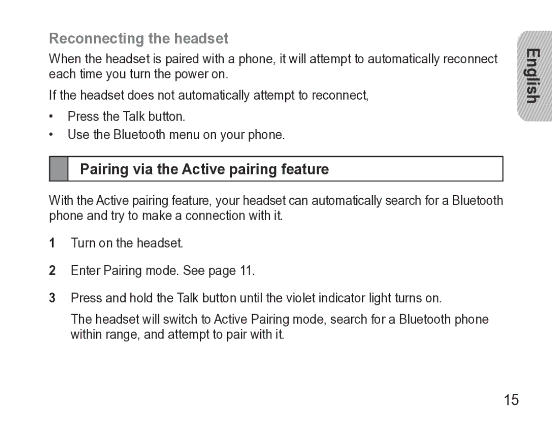 Samsung GH68-27873A manual Reconnecting the headset, Pairing via the Active pairing feature 