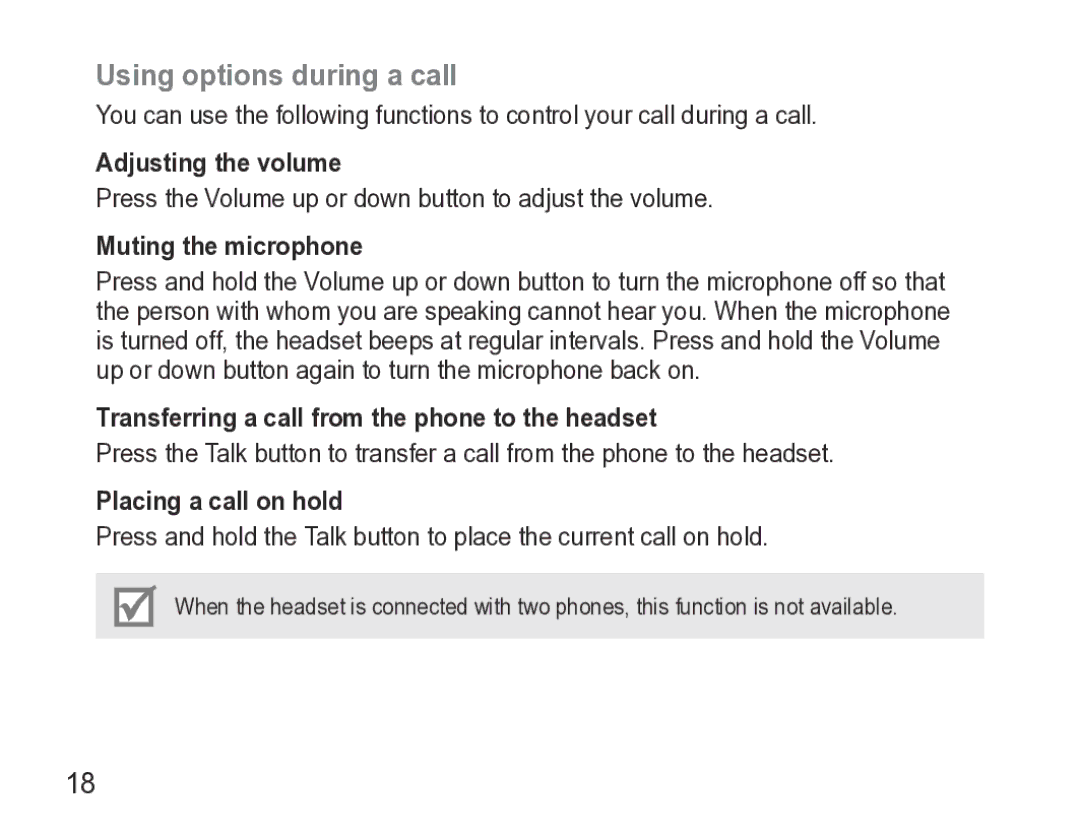 Samsung GH68-27873A manual Using options during a call, Adjusting the volume, Muting the microphone, Placing a call on hold 