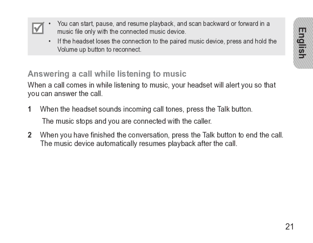 Samsung GH68-27873A manual Answering a call while listening to music 