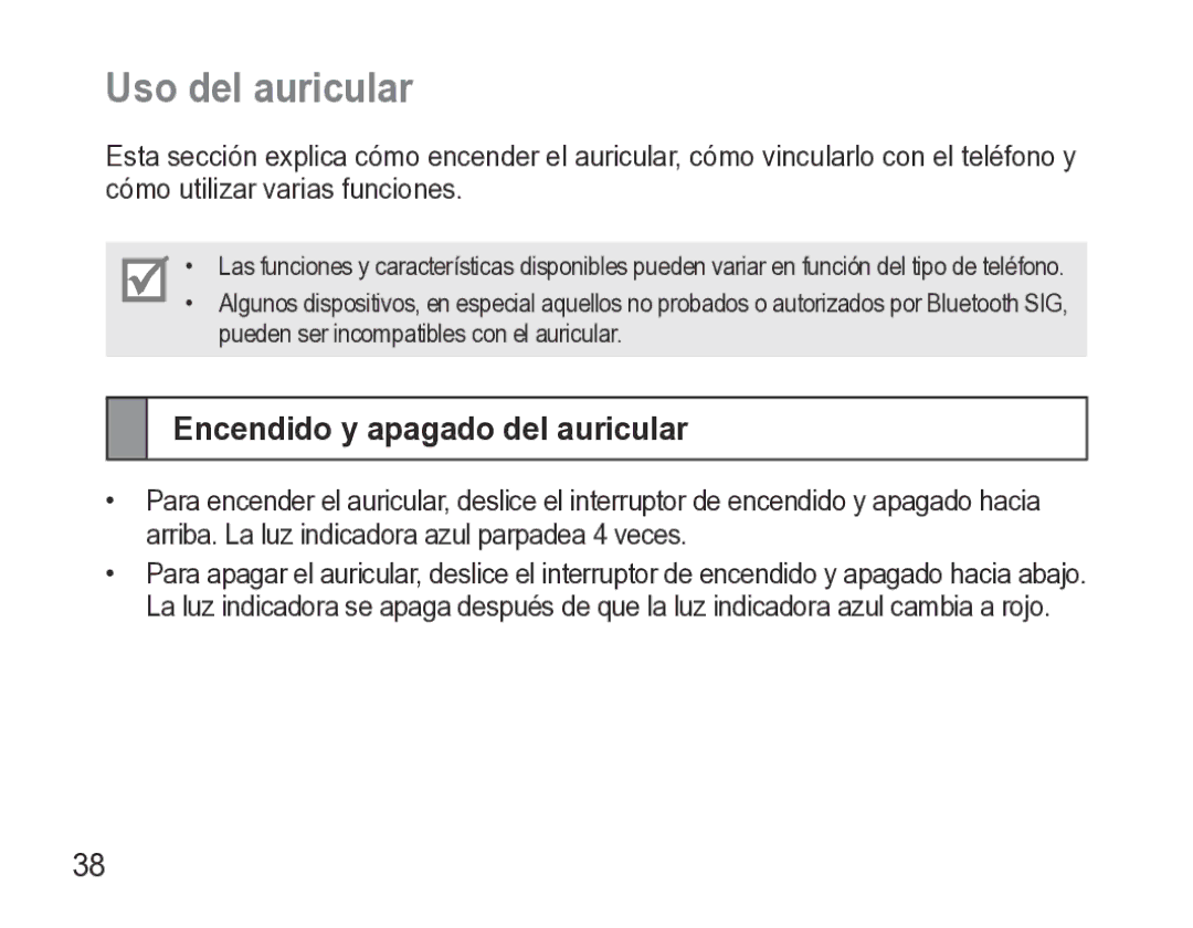 Samsung GH68-27873A manual Uso del auricular, Encendido y apagado del auricular 