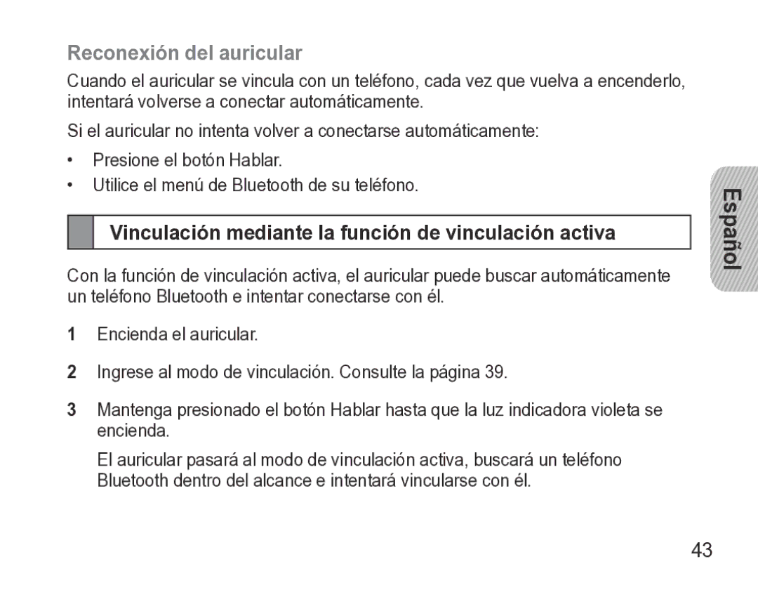 Samsung GH68-27873A manual Reconexión del auricular, Vinculación mediante la función de vinculación activa 