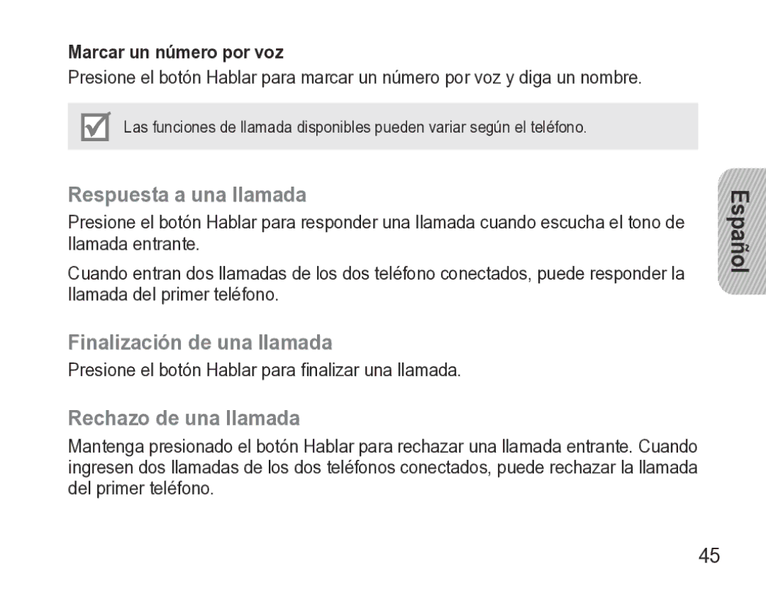 Samsung GH68-27873A Respuesta a una llamada, Finalización de una llamada, Rechazo de una llamada, Marcar un número por voz 