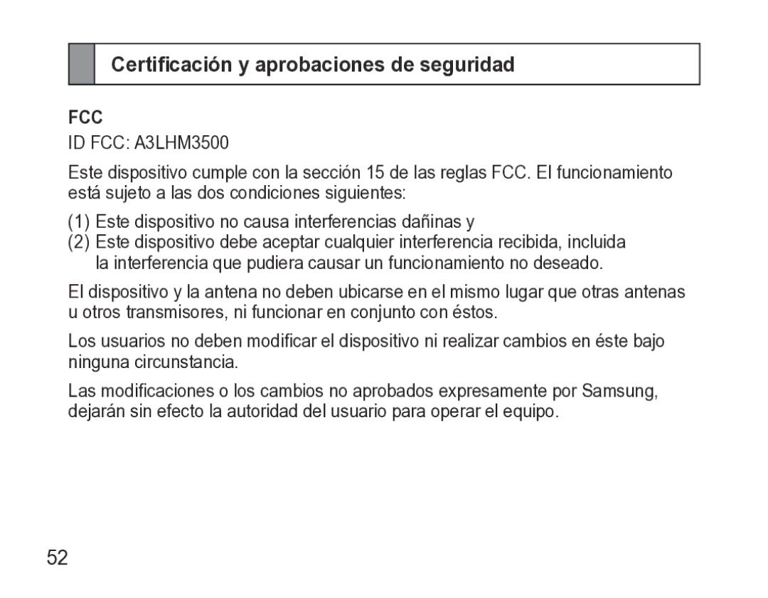 Samsung GH68-27873A manual Certificación y aprobaciones de seguridad, ID FCC A3LHM3500 