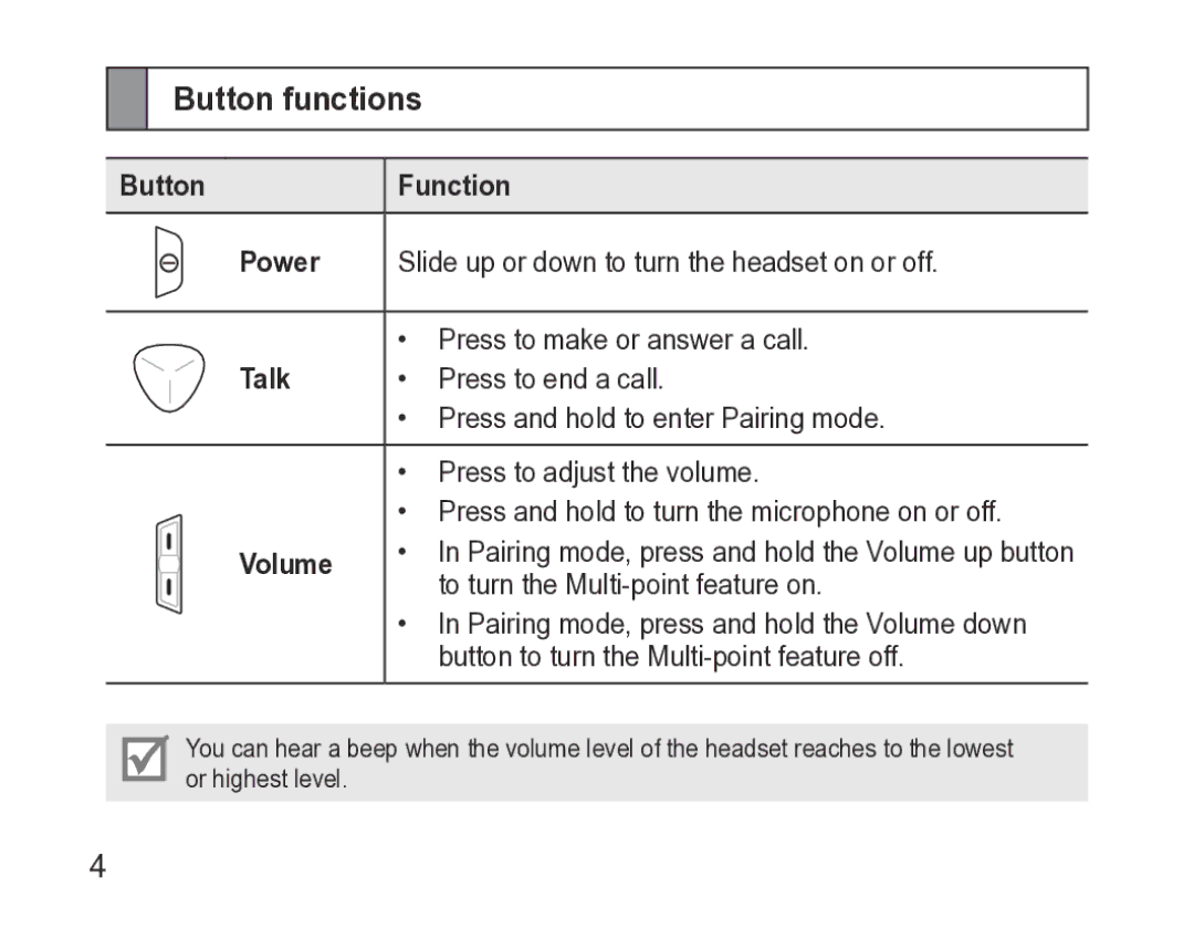 Samsung GH68-27873A manual Button functions, Button Function Power, Talk, Volume 