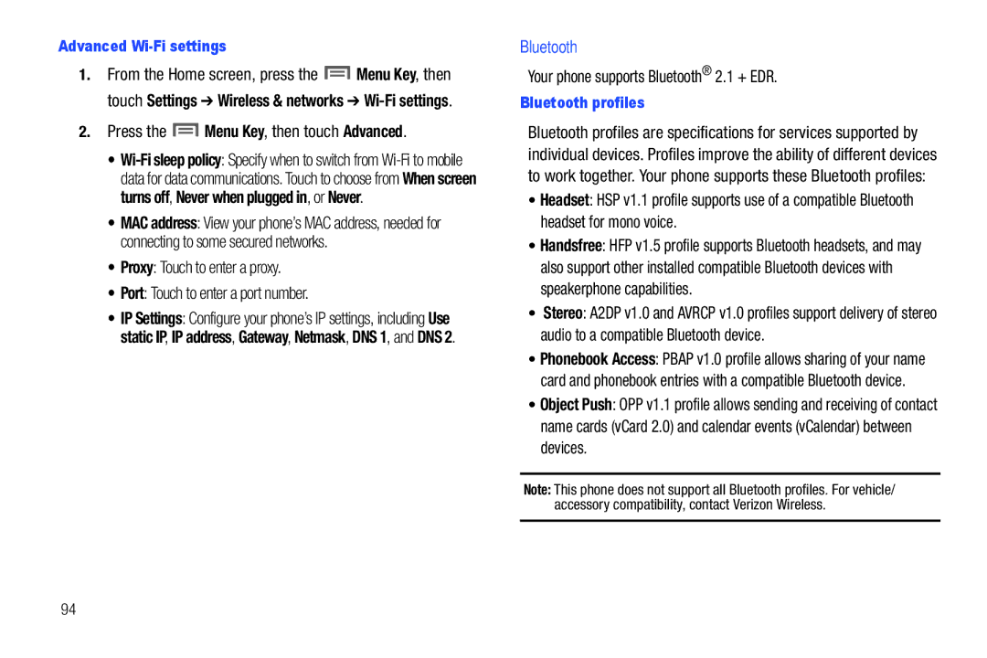 Samsung GH68-2863 Press the Menu Key, then touch Advanced, Your phone supports Bluetooth 2.1 + EDR, Bluetooth profiles 