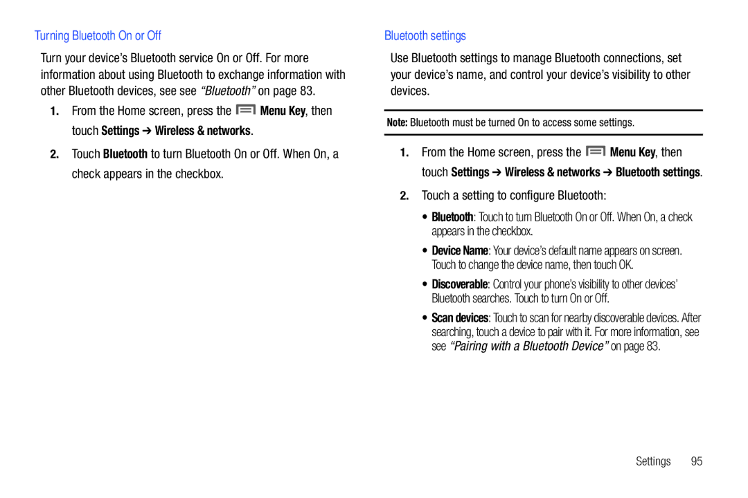 Samsung GH68-2863 user manual Bluetooth settings, Touch a setting to configure Bluetooth 