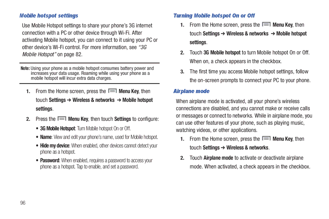 Samsung GH68-2863 user manual Mobile hotspot settings, Turning Mobile hotspot On or Off, Airplane mode 