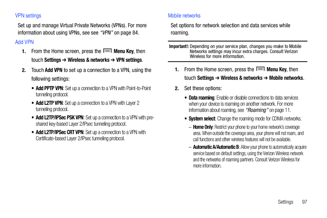 Samsung GH68-2863 user manual VPN settings, Add VPN, Mobile networks, Set these options 