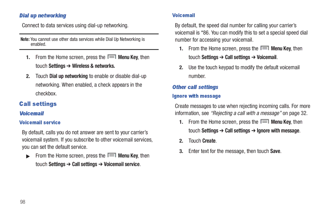 Samsung GH68-2863 user manual Call settings, Dial up networking, Voicemail, Other call settings 