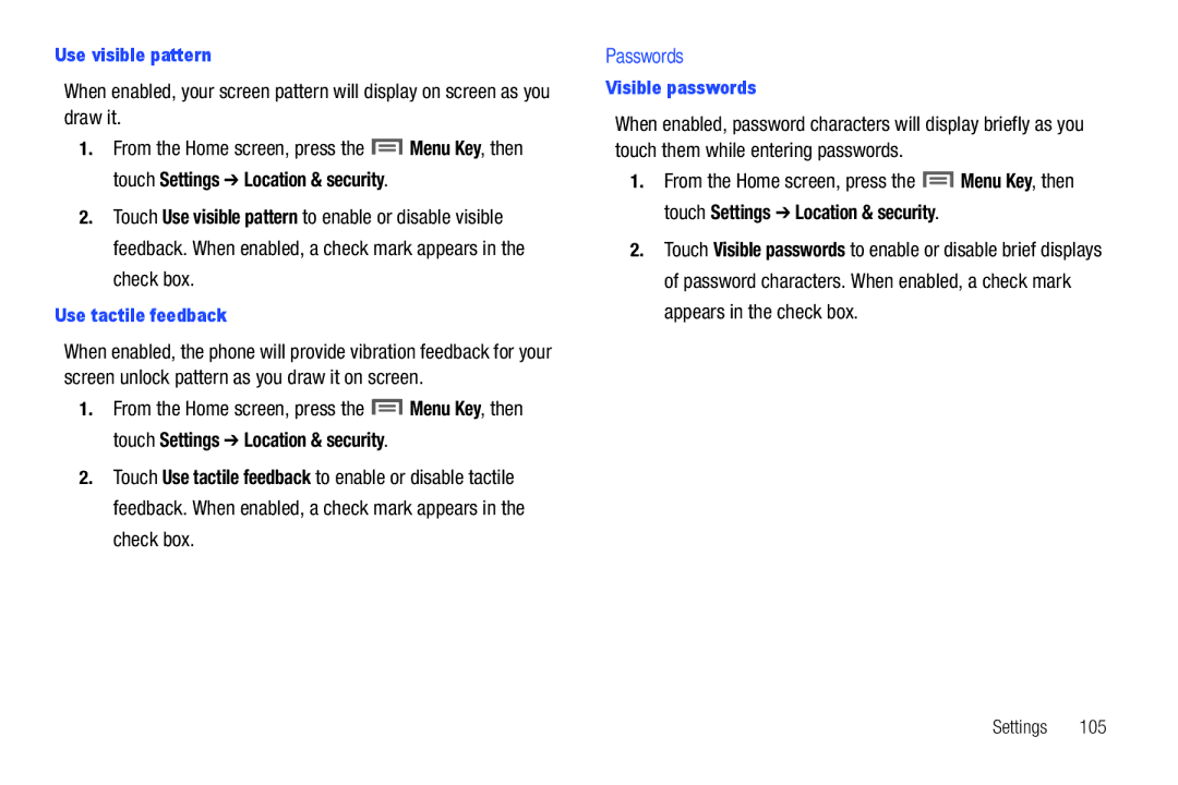 Samsung GH68-2863 user manual Passwords, Use visible pattern, Use tactile feedback, Visible passwords 