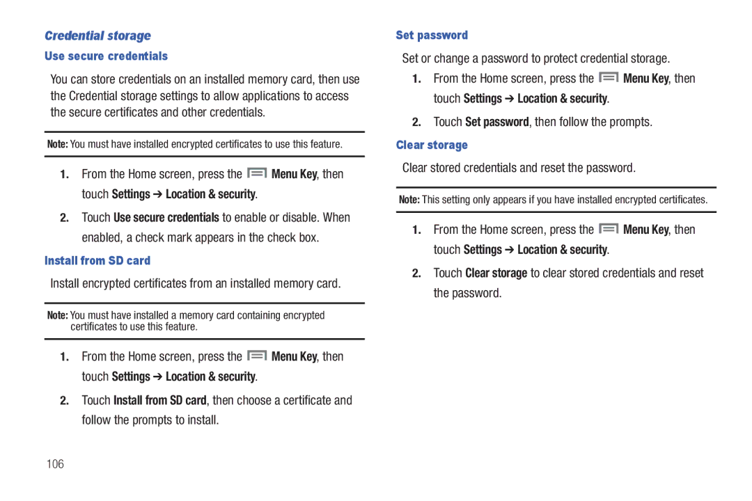 Samsung GH68-2863 user manual Credential storage, Set or change a password to protect credential storage 