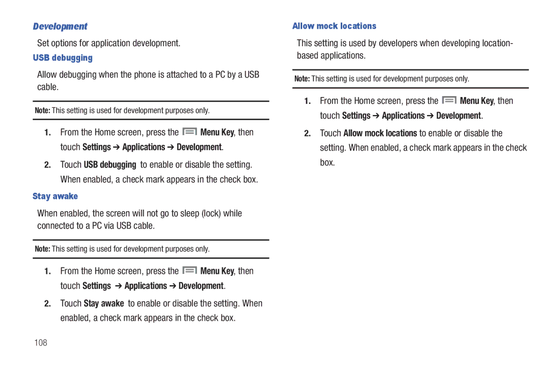 Samsung GH68-2863 Development, Set options for application development, USB debugging, Stay awake, Allow mock locations 