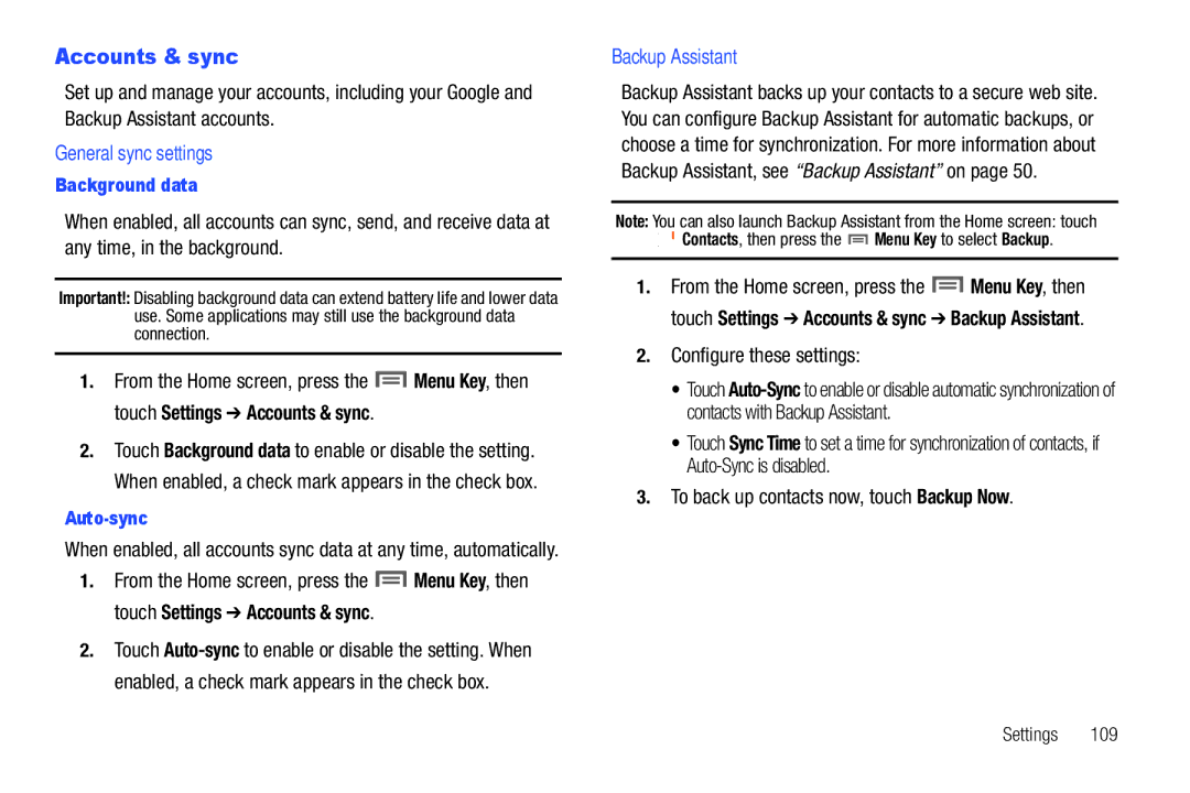 Samsung GH68-2863 Accounts & sync, General sync settings, Backup Assistant, To back up contacts now, touch Backup Now 