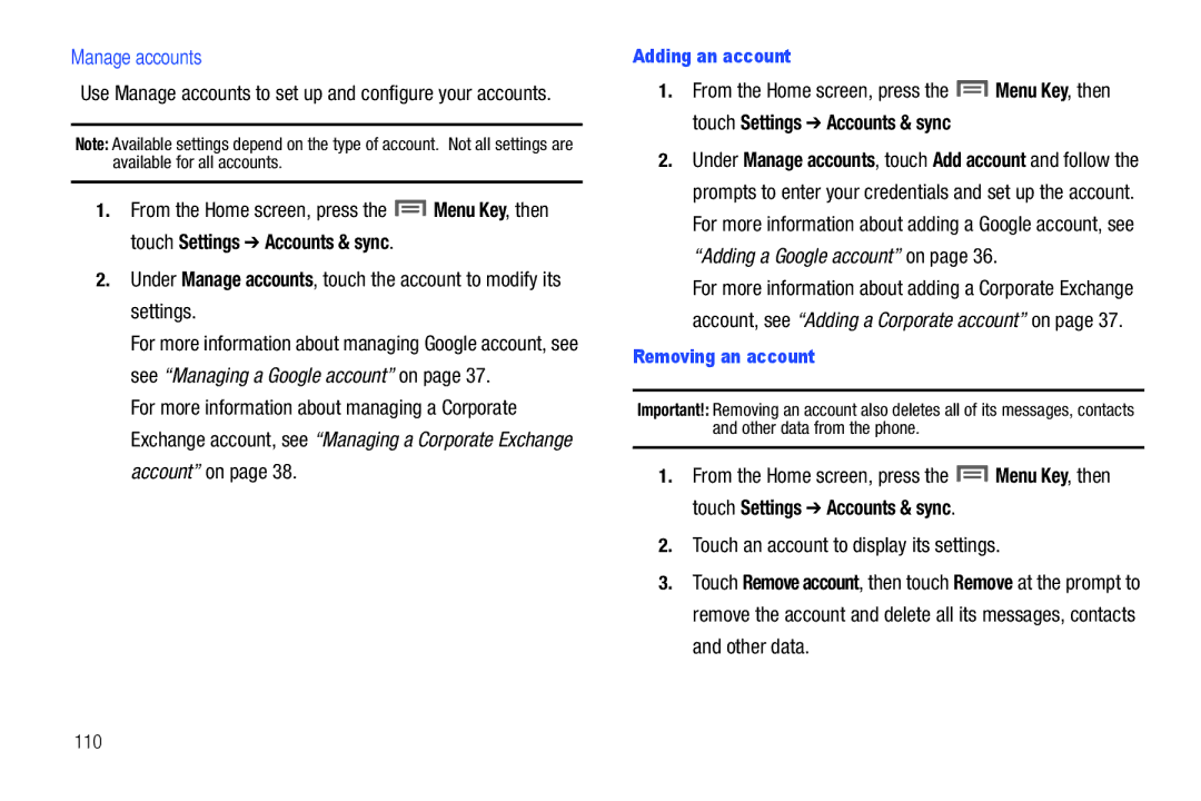 Samsung GH68-2863 Manage accounts, Touch an account to display its settings, Adding an account, Removing an account 